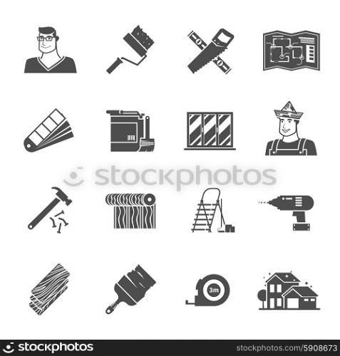 Renovation black icons set with hammer drill and worker avatar isolated vector illustration. Renovation Icons Set