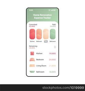 Renovation budget tracker smartphone interface vector template. Mobile expense tracking app page modern design layout. Home repair spending manager screen. Flat UI for application. Phone display