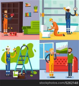 Renovation Concept 4 Flat Icons . Home renovation concept 4 flat icons square with plumbers in bathroom and workman painting wall isolated vector illustration