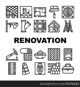 Renovation Home Repair Collection Icons Set Vector. Drilling And Nailing Hammer Renovation Equipment, Painting And Wallpapering Black Contour Illustrations. Renovation Home Repair Collection Icons Set Vector