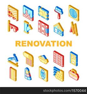 Renovation Home Repair Collection Icons Set Vector. Drilling And Nailing Hammer Renovation Equipment, Painting And Wallpapering Isometric Sign Color Illustrations. Renovation Home Repair Collection Icons Set Vector