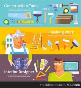 Renovation horizontal banner set with construction tools elements isolated vector illustration. Renovation Banner Set