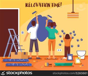Renovation Time Flat Vector Illustration. Renovation time flat vector illustration with family of man woman and child repainting room walls by rollers