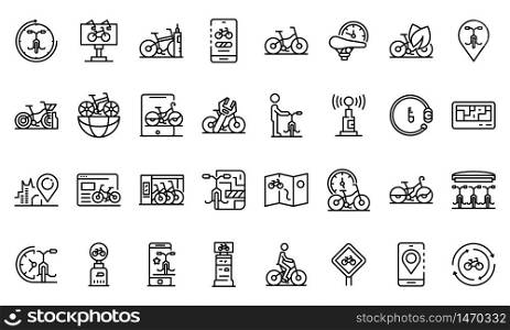 Rent a bike icons set. Outline set of rent a bike vector icons for web design isolated on white background. Rent a bike icons set, outline style