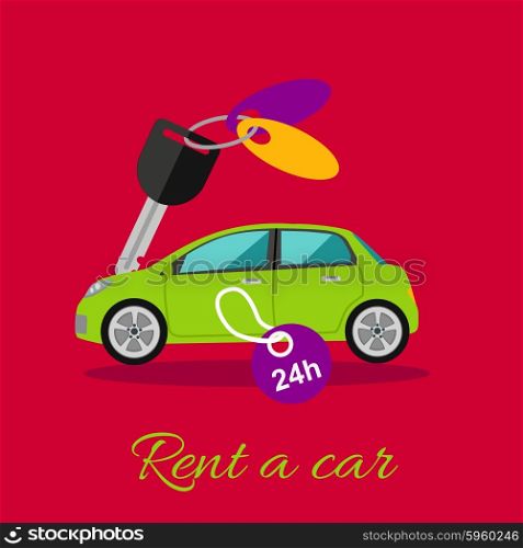 Rent a car. Car rentals by the hour or day 24-7. Green car with a key. Rent a car concept in flat design cartoon style. Car, car rental, rent, car keys, car hire, car leasing, rent a car icon, taxi
