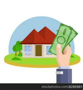 Rent a suburban house. Purchase and sale of housing. The element of small town. Hand holding green money. Work agent and realtor. Cartoon flat illustration. Rent a suburban house.