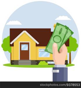 Rent a suburban house. Purchase and sale of housing. The element of small town. Hand holding green money. Work agent and realtor. Cartoon flat illustration. Rent a suburban house. Purchase and sale