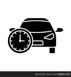 Rent by hour black glyph icon. Getting automobile for short period of time. Modern business with cars and trucks giving. Silhouette symbol on white space. Vector isolated illustration. Rent by hour black glyph icon