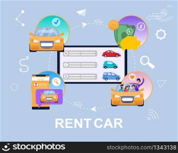 Rent Car Concept Infographic. Vehicle Search. Flat Illustration of Carsharing Business from Tablet of Smartphone Application with Auto to Collaborative Customer Travel. Urban Automobile Transport.. Rent Car Concept Infographic. Vehicle Search. Flat