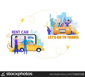 Rent Car for Travel Banner. Man and Woman Person in Summer Time Journey. Modern Online Reservation Deal via Tablet. Flat Layout Illustration. Friends in Europe Trip. People in Adventure.. Rent Car for Travel Banner. Summer Journey. Flat