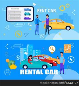 Rent Car Online Service via Tablet. Trip Transfer Layout Set. Flat Banner with People Character. Man Smile, Handshake, make Deal about Sharing Journey on Sedan or Taxi. Linear Cityscape Memphis Symbol. Rent Car Layout Set. People Character Flat Banner.