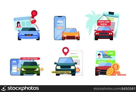 Rent car. Vehicle showroom seller holding key from automobile car purchase concept scenes car deposit dealership garish vector flat pictures collection. Illustration of auto vehicle rent. Rent car. Vehicle showroom seller holding key from automobile car purchase concept scenes car deposit dealership garish vector flat pictures collection