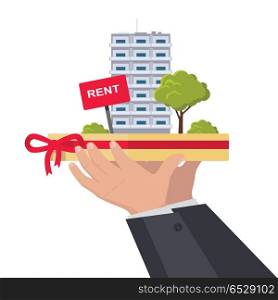 Rent Concept Vector Illustration in Flat Design.. Rent concept vector. Flat design. Hands holding salver with city building, trees and rent sign on it. Illustration for real estate company advertising, housing concepts. Isolated on white.