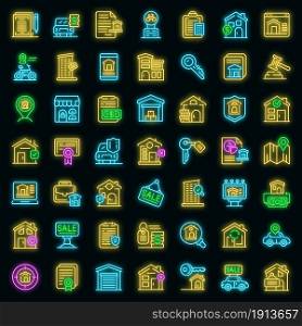 Rent icons set. Outline set of rent vector icons neon color on black. Rent icons set vector neon