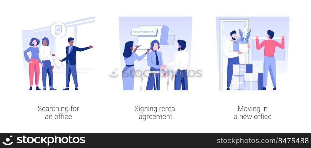Rent the office isolated concept vector illustration set. Searching for office, signing rental agreement, moving in a new office, real estate agent work, meeting with broker vector cartoon.. Rent the office isolated concept vector illustrations.