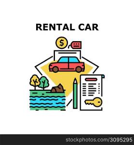 Rental Car For Trip Vector Icon Concept. Rental Car For Trip And Journey At Nature, Client Signing Agreement For Renting Transportation And Driving To Countryside Natural Landscape Color Illustration. Rental Car For Trip Vector Concept Illustration