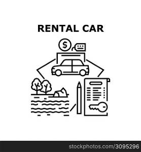 Rental Car For Trip Vector Icon Concept. Rental Car For Trip And Journey At Nature, Client Signing Agreement For Renting Transportation And Driving To Countryside Natural Landscape Black Illustration. Rental Car For Trip Vector Concept Illustration