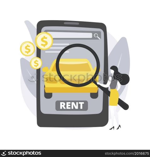 Rental car service abstract concept vector illustration. Online car booking, free mileage, full insurance, summer vacation, remote reservation, local dealer, key lock, driving abstract metaphor.. Rental car service abstract concept vector illustration.