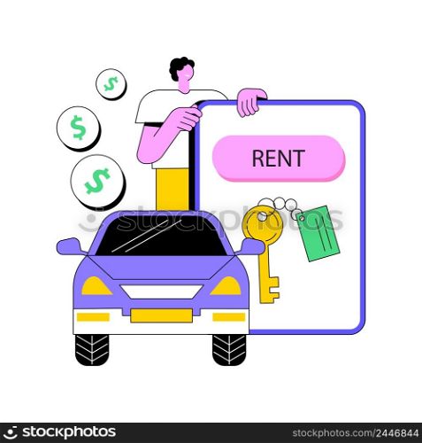 Rental car service abstract concept vector illustration. Online car booking, free mileage, full insurance, summer vacation, remote reservation, local dealer, key lock, driving abstract metaphor.. Rental car service abstract concept vector illustration.