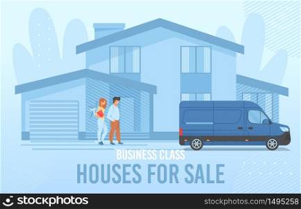 Rental Real Estate Banner with Cartoon Smiling Man and Woman Couple New Property Owner Arriving to Townhouse in Countryside. Van from Delivery Home Moving Service in Yard. Vector illustration. Rental Estate Banner with Smiling Couple New Owner