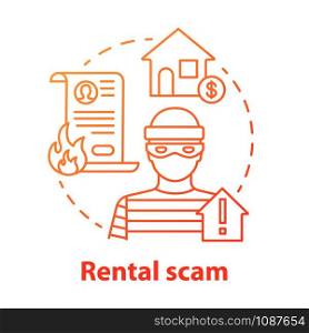 Rental scam concept icon. Housing fraud. Fake house for rent. Leasing swindle. Home buying, mortgage criminal scheme idea thin line illustration. Vector isolated outline drawing