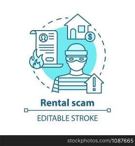 Rental scam concept icon. Housing fraud. Fake house for rent. Leasing swindle. Home buying, mortgage criminal scheme idea thin line illustration. Vector isolated outline drawing. Editable stroke
