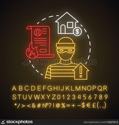 Rental scam neon light concept icon. Housing fraud. Fake house for rent. Home buying, mortgage criminal scheme idea. Glowing sign with alphabet, numbers and symbols. Vector isolated illustration