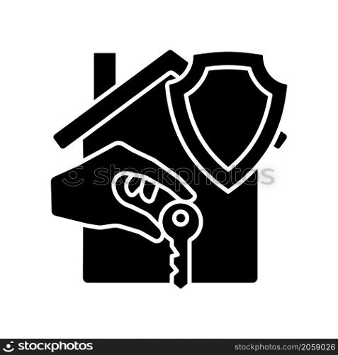 Renters insurance black glyph icon. Tenant insurance policy. Protection of private belongings from accidents. Renter safety. Silhouette symbol on white space. Vector isolated illustration. Renters insurance black glyph icon