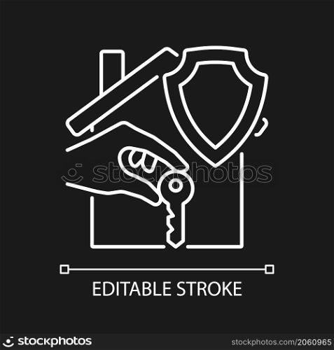 Renters insurance white linear icon for dark theme. Tenant insurance policy. Thin line customizable illustration. Isolated vector contour symbol for night mode. Editable stroke. Arial font used.. Renters insurance white linear icon for dark theme