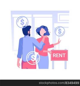 Renting a retail property isolated concept vector illustration. Businessman talking with realtor about property rental, real estate business, brokerage company services vector concept.. Renting a retail property isolated concept vector illustration.