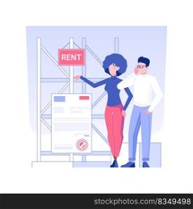 Renting a warehouse isolated concept vector illustration. Businessman discusses warehouse rent with realtor, real estate business, brokerage company services, industrial place vector concept.. Renting a warehouse isolated concept vector illustration.