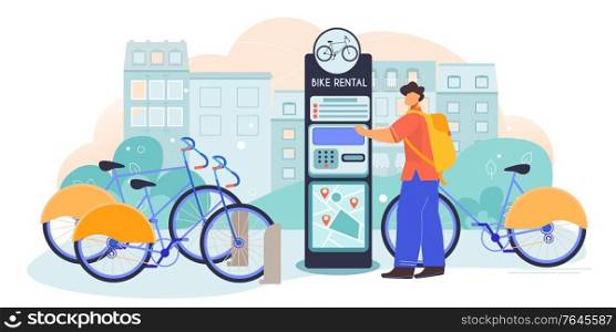 Renting bicycle from self service automated bikes storage rental outdoor facility cityscape background flat composition vector illustration