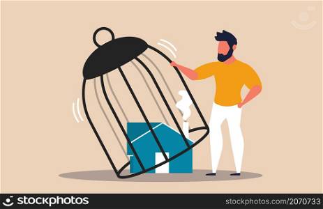 Reopen a business after a lockdown. Man opens and restarts the economy opened cage vector illustration. People have returned to normal life and the quarantine is over. People and financial condition