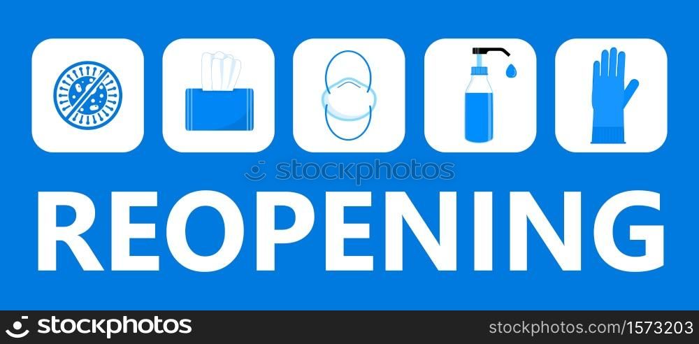 Reopening text vector for shop, marketplaces, grocery, restaurant, cafe. Prevention tips info-graphic for prevention of corona-virus. Simple opening door sign. Re-opening banner for business.. Reopening text vector for shop, marketplaces, grocery, restaurant, cafe. Prevention tips info-graphic for prevention of corona-virus. Simple opening door signs. Re-opening banner for business.