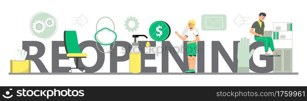 Reopening text vector for shop, marketplaces, grocery, restaurant, cafe. Wipes, sanitizer, medical mask for prevention of corona-virus. Opening door sign for web. Re-opening banner for business.. Reopening text vector for shop, marketplaces, grocery, restaurant, cafe. Wipes, sanitizer, medical mask for prevention of corona-virus. Opening door sign for web. Re-opening banner