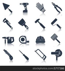 Repair and construction tools black icons set with pliers spanner drill isolated vector illustration