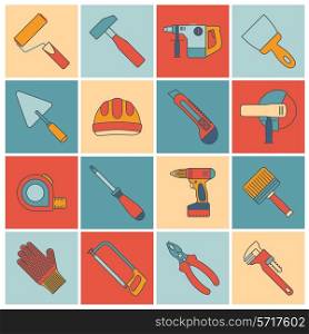 Repair and construction tools flat line icons set with paint roller hummer drill spanner isolated vector illustration