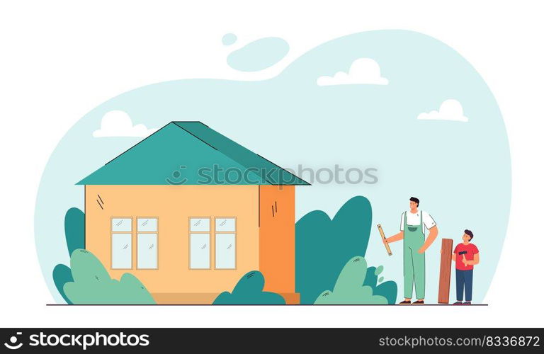 Repair and construction works of father and son. Man and boy holding fix tools, standing near family house flat vector illustration. Renovation concept for banner, website design or landing web page. Repair and construction works of father and son
