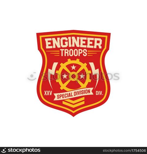 Repair and fixing battalion engineering squadron engineer troops special division isolated patch on military uniform. Vector special forces elite chevron to maintain and fix army machinery. Engineer troops special division chevron, repair