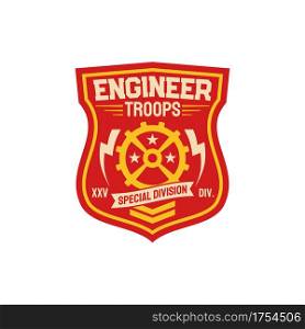 Repair and fixing battalion engineering squadron engineer troops special division isolated patch on military uniform. Vector special forces elite chevron to maintain and fix army machinery. Engineer troops special division chevron, repair