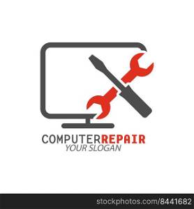 Repair and maintenance of computer equipment. Vector template of an icon, logo, sticker or brand. Flat style 