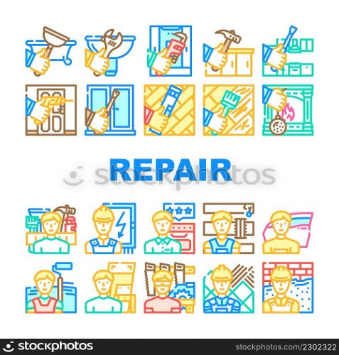 Repair And Maintenance Service Icons Set Vector. Shower Tray And Sink Repair, Kitchen Worktop And Unit, Fireplace And Wood Floor Scratch Line. Repairman Repairing Color Illustrations. Repair And Maintenance Service Icons Set Vector