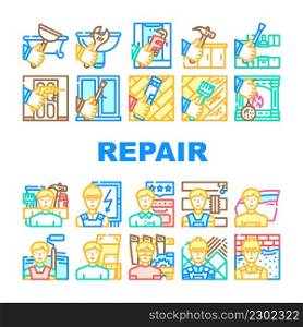 Repair And Maintenance Service Icons Set Vector. Shower Tray And Sink Repair, Kitchen Worktop And Unit, Fireplace And Wood Floor Scratch Line. Repairman Repairing Color Illustrations. Repair And Maintenance Service Icons Set Vector