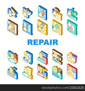 Repair And Maintenance Service Icons Set Vector. Shower Tray And Sink Repair, Kitchen Worktop And Unit, Fireplace And Wood Floor Scratch Line. Repairman Repairing Isometric Sign Color Illustrations. Repair And Maintenance Service Icons Set Vector