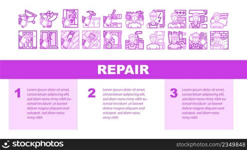 Repair And Maintenance Service Landing Web Page Header Banner Template Vector. Shower Tray And Sink Repair, Kitchen Worktop Unit, Fireplace And Wood Floor Scratch . Repairman Repairing Illustration. Repair And Maintenance Service Landing Header Vector