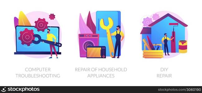 Repair and maintenance services abstract concept vector illustration set. Computer troubleshooting, DIY repair of household appliances, warranty, video tutorial, problem fix abstract metaphor.. Repair and maintenance services abstract concept vector illustrations.
