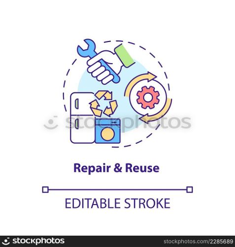 Repair and reuse concept icon. Circular economy process abstract idea thin line illustration. Eliminating waste. Isolated outline drawing. Editable stroke. Arial, Myriad Pro-Bold fonts used. Repair and reuse concept icon