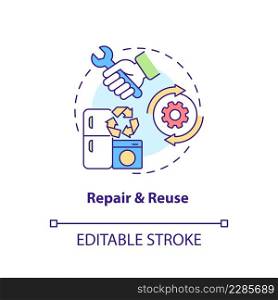 Repair and reuse concept icon. Circular economy process abstract idea thin line illustration. Eliminating waste. Isolated outline drawing. Editable stroke. Arial, Myriad Pro-Bold fonts used. Repair and reuse concept icon