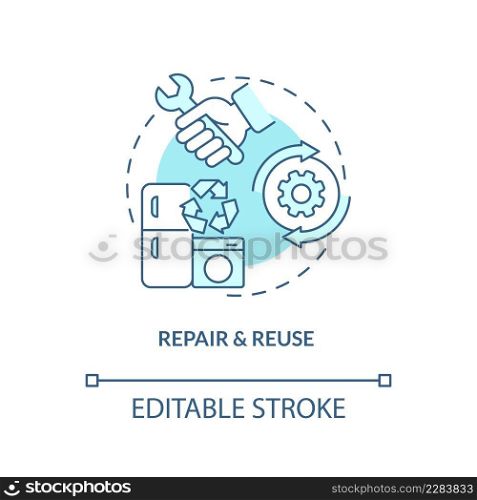Repair and reuse turquoise concept icon. Fixing nonworking items abstract idea thin line illustration. Eliminating waste. Isolated outline drawing. Editable stroke. Arial, Myriad Pro-Bold fonts used. Repair and reuse turquoise concept icon