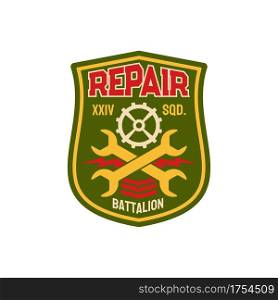 Repair battalion engineering squadron chevron with crossed wrenches and gear mechanism. Vector engineering squadron isolated army patch on military uniform. Engineer division squad to fix and maintain. Engineering squadron repair battalion army patch